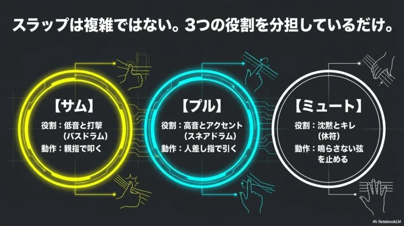 サムは低音と打撃、プルは高音とアクセント、ミュートは休符を担当すると整理している