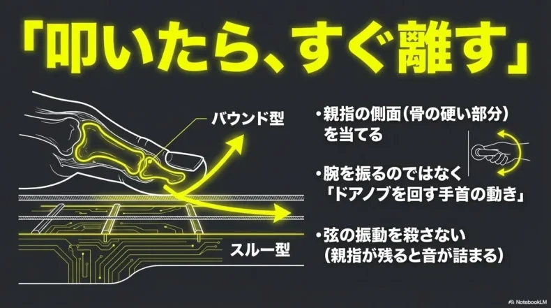 親指の側面を当て、弦を叩いたあと跳ね返す方法と隣の弦へ振り抜く方法を示している