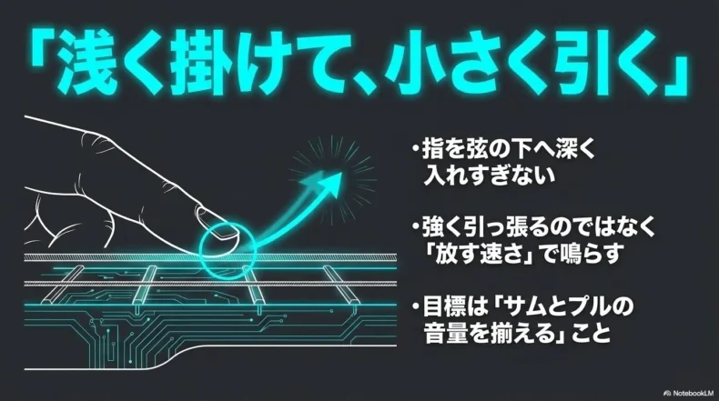く方法 指を弦へ深く入れず、小さく引いて素早く放し、サムと音量をそろえる方法を示している