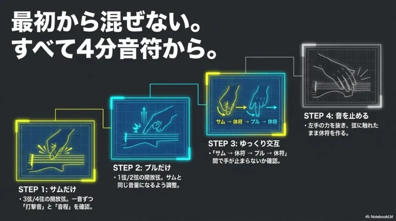 サムだけ、プルだけ、ゆっくり交互、音を止める、という四段階の練習手順を示している