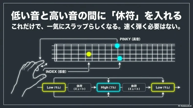 人差し指で低音、小指で高音を押さえ、サムとプルの間へミュートによる休符を入れる流れ