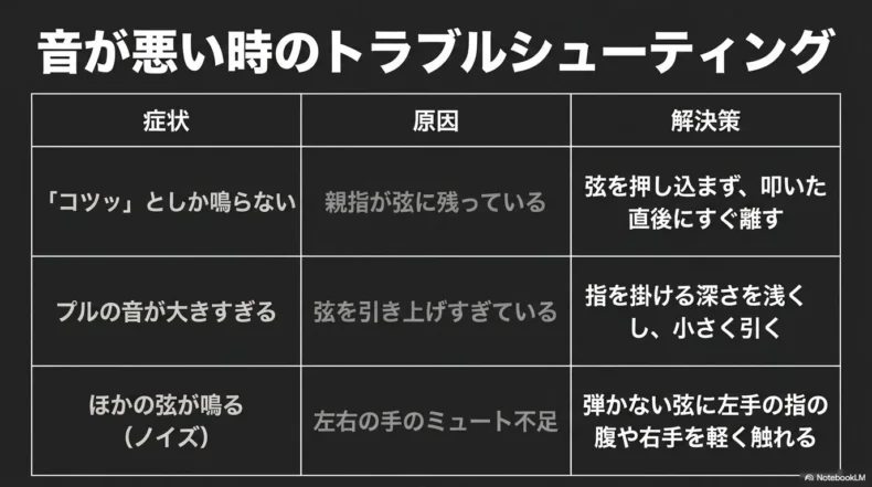 打撃音だけ、プルが大きい、ほかの弦が鳴る症状について、原因と改善方法を比較している