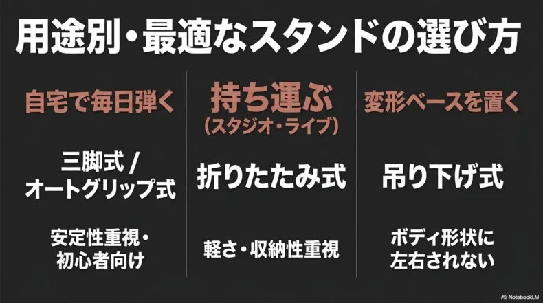 自宅用・持ち運び用・変形ベース用スタンドの種類と選び方