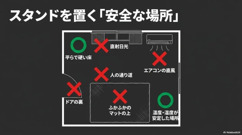 直射日光やエアコンの風、通路、ドア付近を避けたベーススタンドの設置場所
