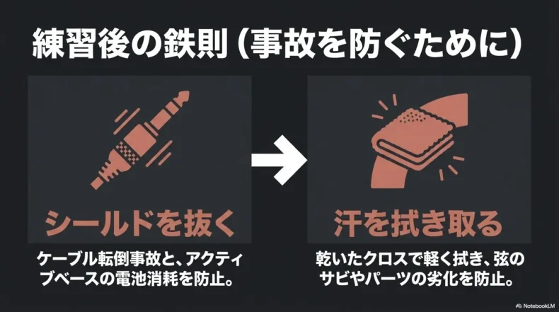 練習後にシールドを抜き乾いたクロスで汗を拭き取るベース保管方法