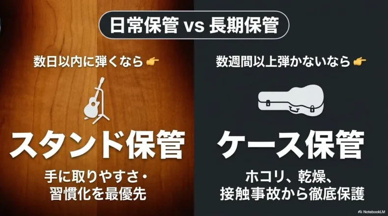 数日以内はスタンド、数週間以上弾かない場合はケースを使う保管方法