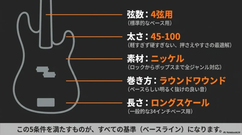 4弦用、45-100、ニッケル、ラウンドワウンド、ロングスケールというベース弦選びの5条件
