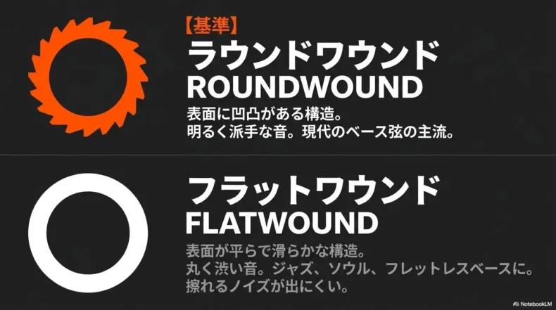 明るい音のラウンドワウンド弦と、滑らかで丸い音のフラットワウンド弦の比較