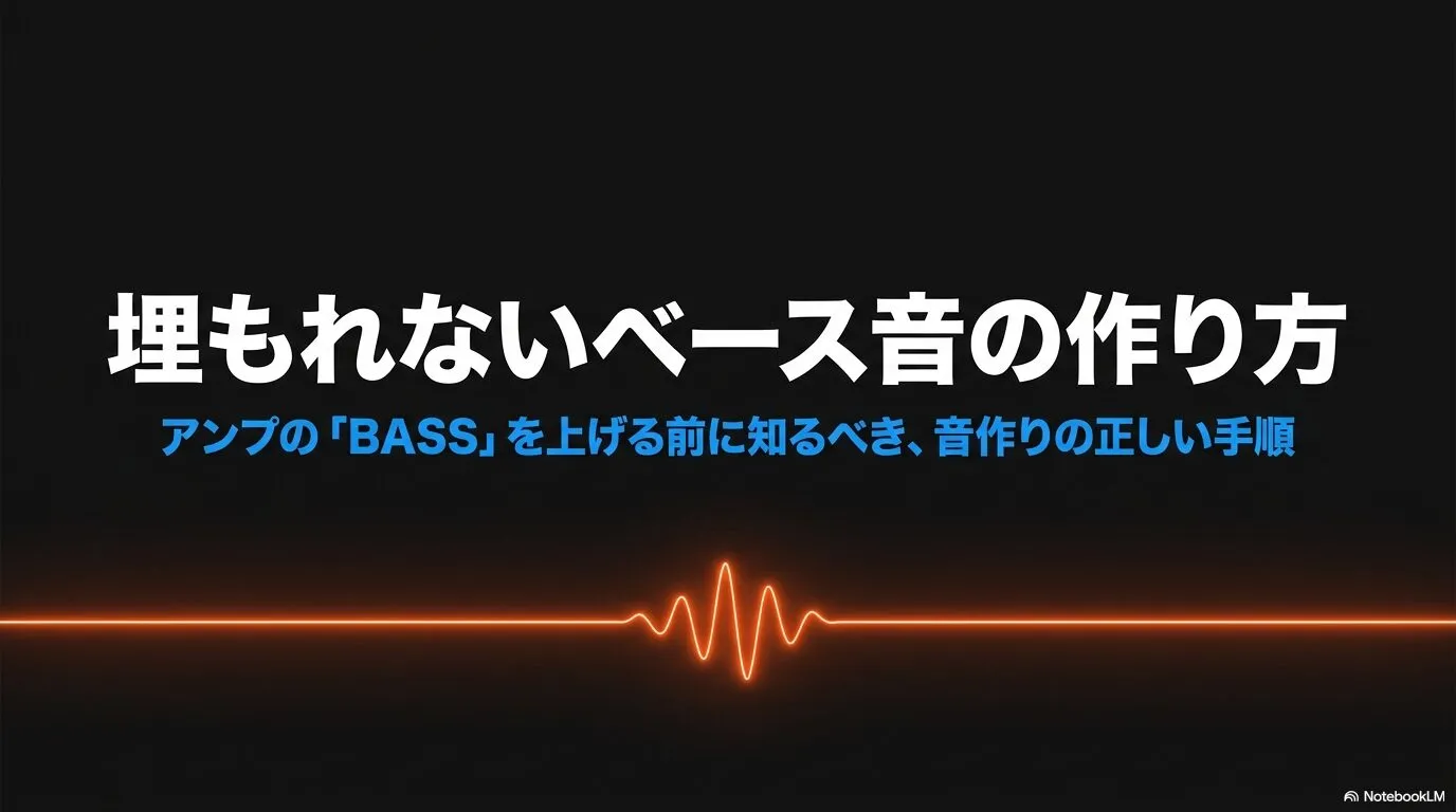 黒背景に「埋もれないベース音の作り方」と副題、中央にオレンジの波形ラインが入った表紙スライド