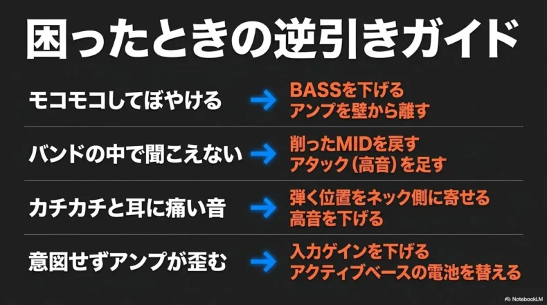 こもる・埋もれる・痛い・歪む症状別に、EQや設置の対処をまとめた逆引き表