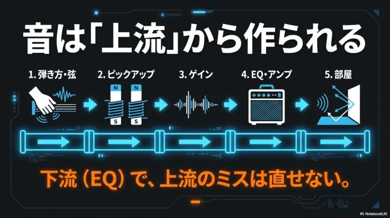 弾き方・弦から部屋まで、音作りが上流から下流へ決まる流れを示した図