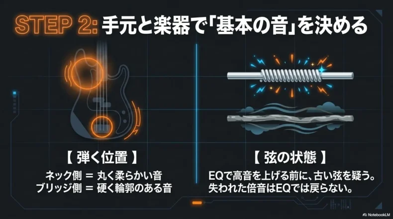 弾く位置と弦の状態が基本の音を左右し、古い弦はEQで補えないことを示す図