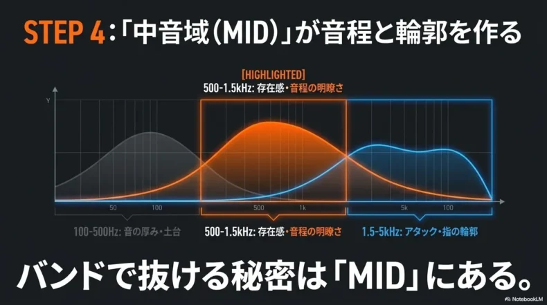 100〜500Hzの厚み、500〜1.5kHzの存在感、1.5〜5kHzのアタックを示す周波数図