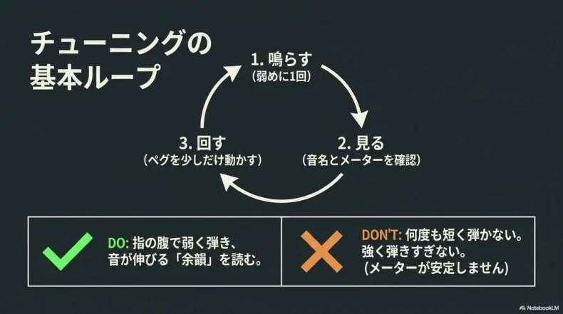 弦を弱く鳴らして表示を確認しペグを少しずつ回すチューニングの基本ループ