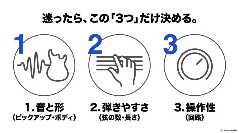 エレキベース選びで音と形、弾きやすさ、操作性の3項目を決める流れ