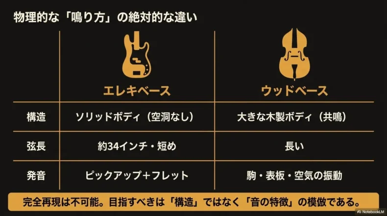 エレキベースとウッドベースの構造、弦長、発音方法の違いと完全再現できない理由を示した比較表