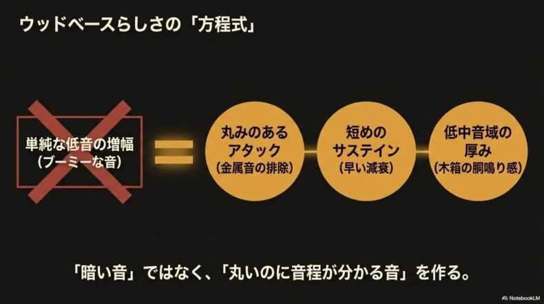ウッドベースらしい音を、丸いアタック、短いサステイン、低中音域の厚みの三要素で示した図