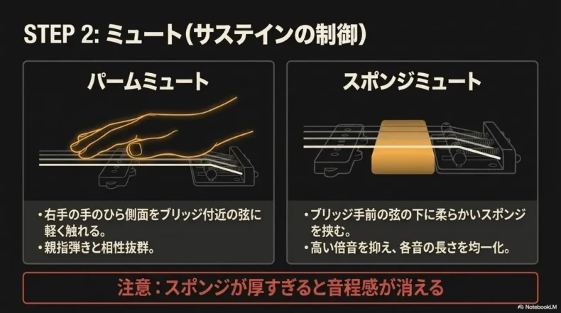 パームミュートとスポンジミュートの位置、方法、サステイン調整の注意点を示した比較図