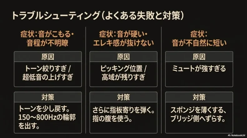音のこもり、硬さ、不自然な短さについて、原因と対策をまとめたトラブル対処一覧