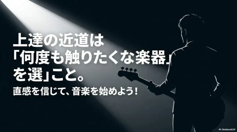 上達の近道は何度も触りたくなる楽器を選び、直感を信じて音楽を始めることだと伝えるスライド