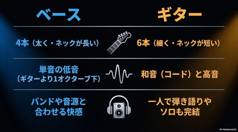 ベースは一般的に4弦で低音を担当し、ギターは6弦でコードや高音を演奏する違いを比較した