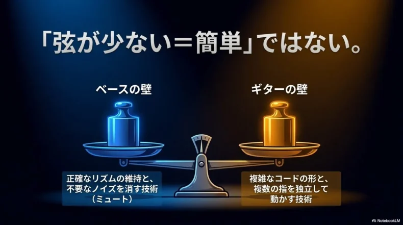 ベースは正確なリズムとミュート、ギターは複雑なコードと指の独立が必要で、弦が少ないほど簡単とは限らないことを示す図