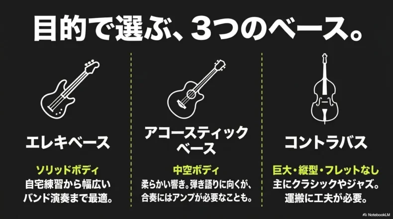 エレキベース、アコースティックベース、コントラバスの特徴を比較したスライド