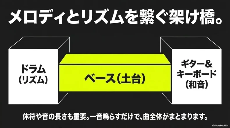 ドラムとギターの間でベースがリズムと和音を支える役割を図で説明したスライド