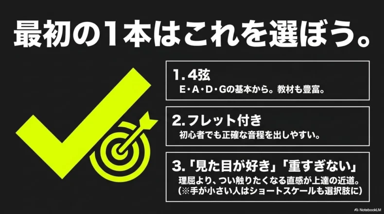 初心者が最初に選ぶエレキベースのポイントをまとめたスライド