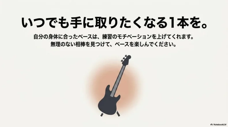 ベースのシルエットと、身体に合うベースは練習のモチベーションを上げるという締めの文
