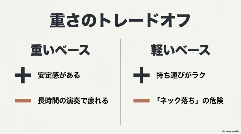重いベースは安定感がある一方で疲れやすく、軽いベースは持ち運びが楽だがネック落ちに注意