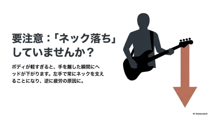 ベースを構えた人物の横で下向き矢印が示され、軽すぎるボディによるネック落ちを警告