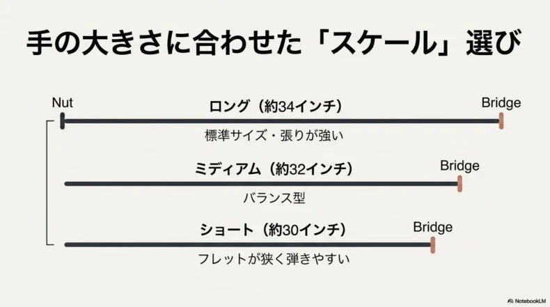 ナットからブリッジまでの長さを、ロング34インチ、ミディアム32インチ、ショート30インチで比較