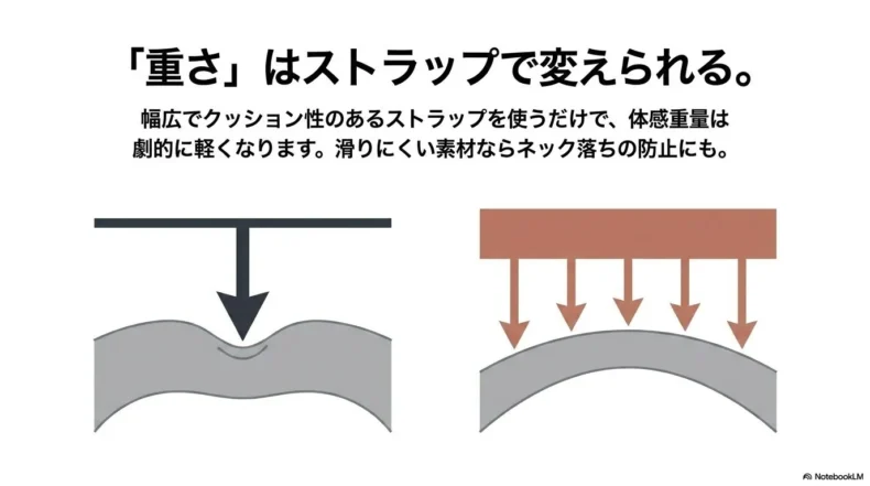 細いストラップは肩に一点集中し、幅広ストラップは複数の矢印で圧力を分散する図