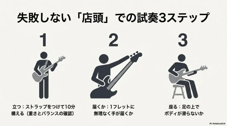 店頭試奏の3ステップとして、立って10分構える、1フレットに届くか、座って滑らないかを確認