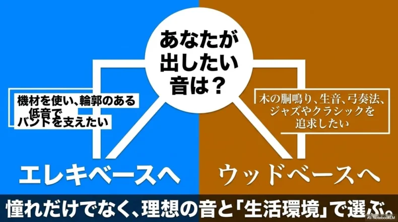 求める音が機材による輪郭ある低音ならエレキ、胴鳴りや生音、弓奏法ならウッドを選ぶ分岐図