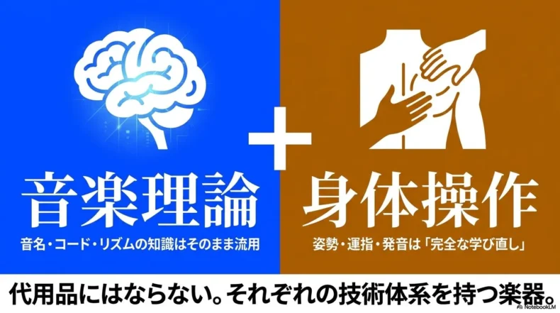 音名・コード・リズムの音楽理論は共通する一方、姿勢・運指・発音は学び直す必要がある比較