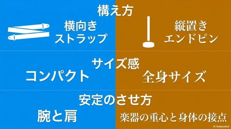 横向きにストラップで構えるエレキベースと、縦置きでエンドピンを使うウッドベースの比較