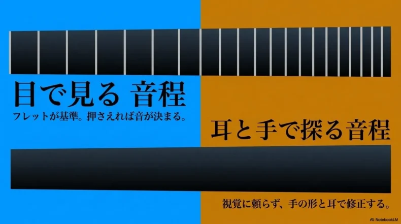 フレットを目で確認して音程を取るエレキベースと、耳と手で音程を探るウッドベースの比較