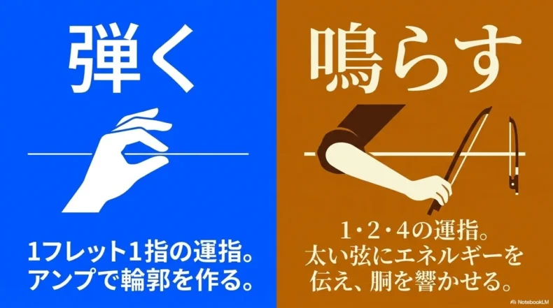 1フレット1指で弾くエレキベースと、1・2・4の運指で太い弦を鳴らすウッドベースの比較