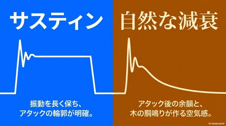 長いサステインと明確なアタックのエレキベース、自然な減衰と胴鳴りのウッドベースの波形比較