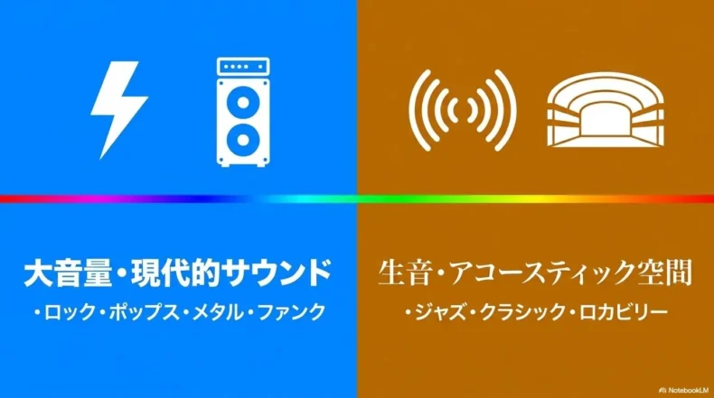 大音量の現代的サウンド向きのエレキベースと、生音やアコースティック空間向きのウッドベース