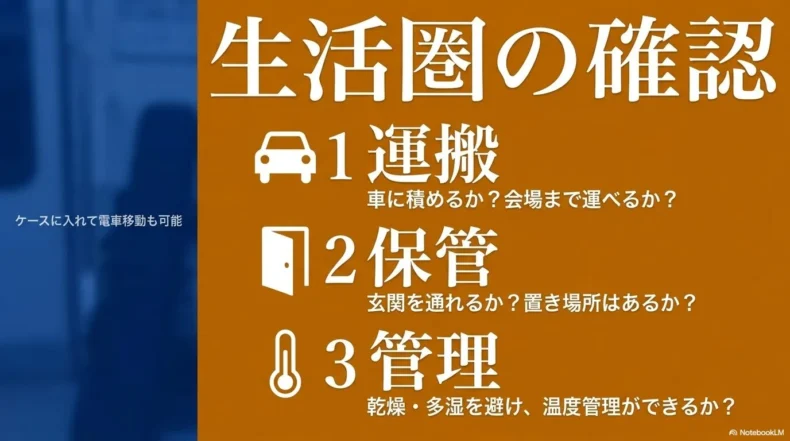 エレキベースはケースで電車移動も可能、ウッドベースは運搬・保管・温度管理の確認が必要