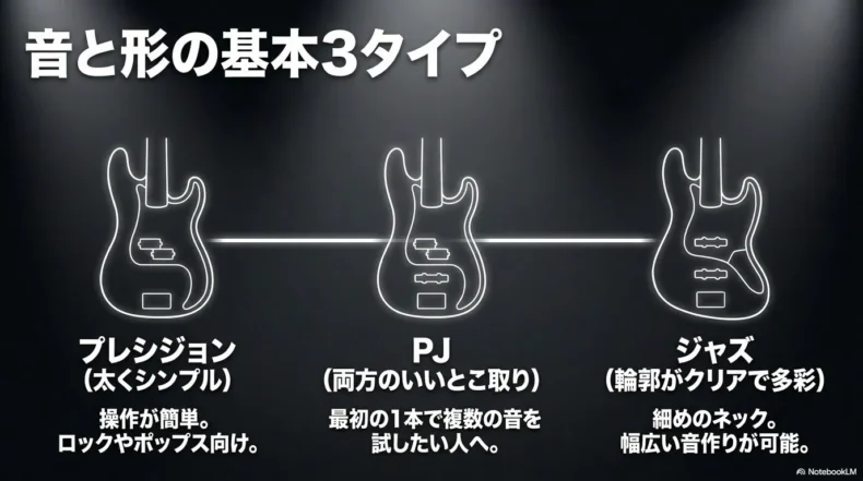 プレシジョン、PJ、ジャズの形と音の特徴、向いている人を並べて示した3タイプ比較