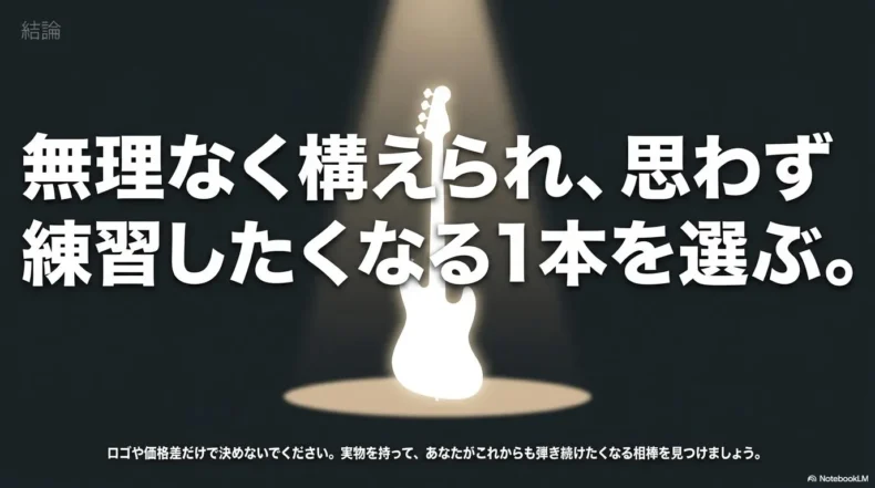 無理なく構えられ、思わず練習したくなる一本を選ぶという結論を示すベースのシルエット