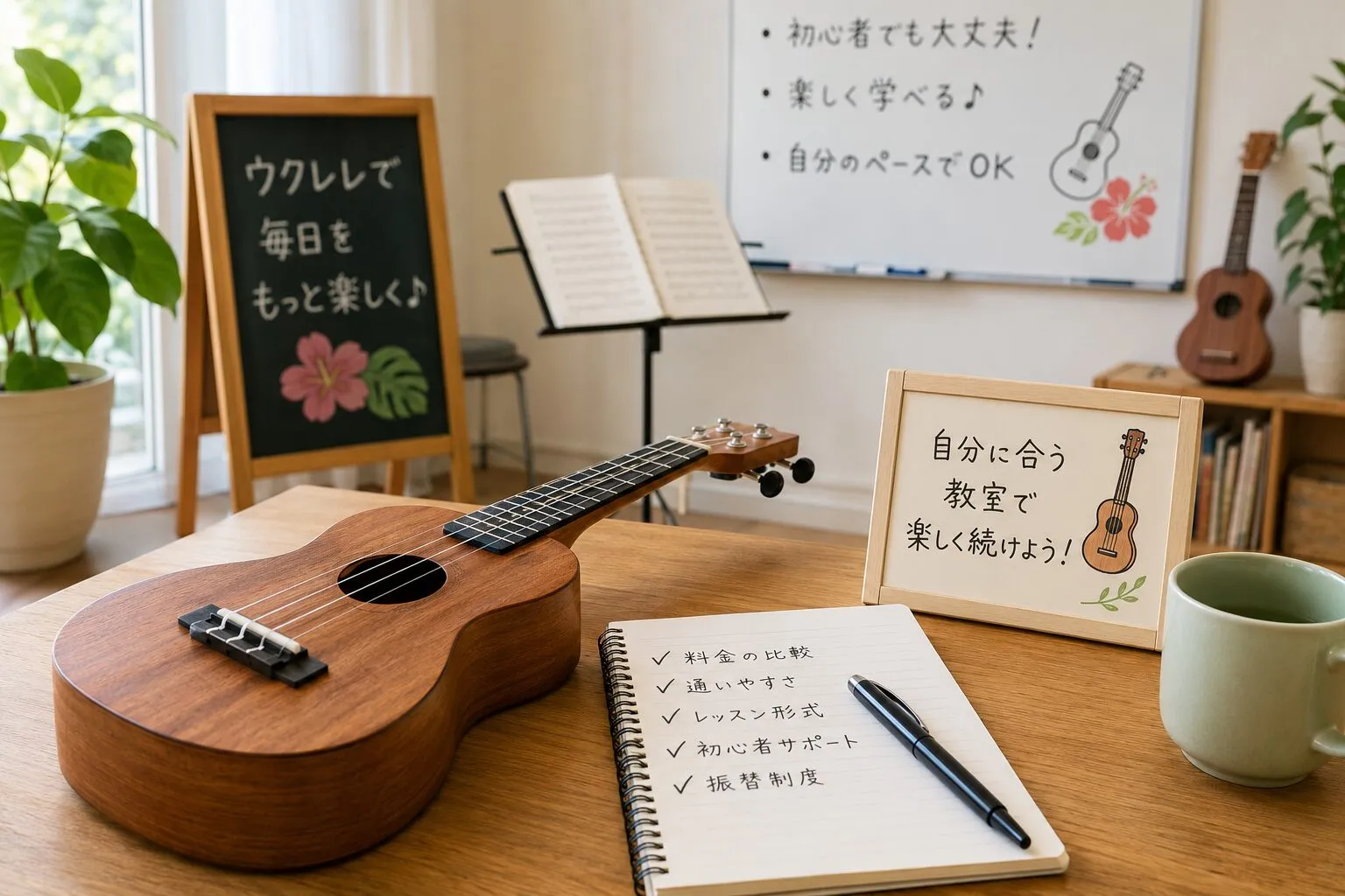 ウクレレと料金・通いやすさ・レッスン形式の確認項目を並べた明るい音楽教室