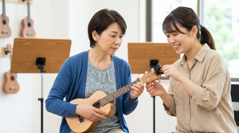 シニアの受講者がウクレレを持ち、講師とクリップチューナーで音程を確認する様子