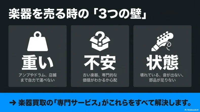 楽器を売る際の重さ、価値への不安、壊れや欠品など3つの悩み