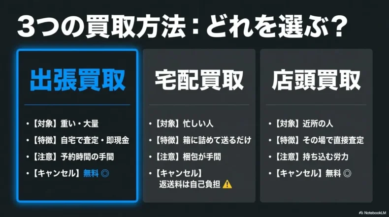 出張買取、宅配買取、店頭買取の対象者や特徴、注意点を比較した図