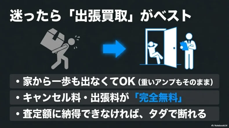 重いアンプや楽器を自宅で査定でき、出張料やキャンセル料が無料であることを示した図